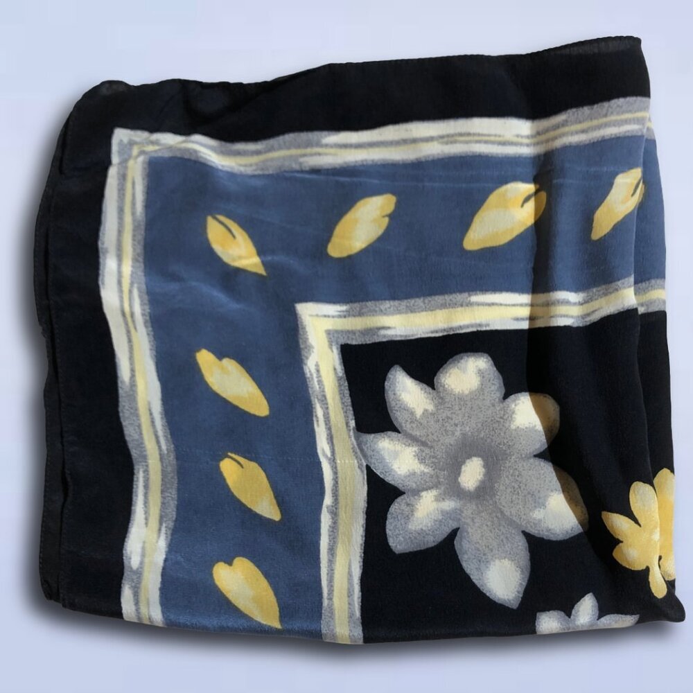 Vintage Silk Square Scarf Blue Black Yellow Floral Abstract Print | 19”x20”